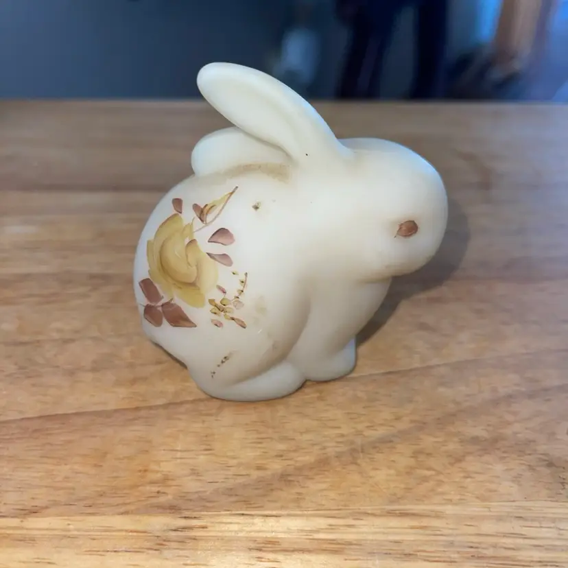 Fenton Hand Painted Signed Custard Satin Blown Glass Floral Bunny Rabbit