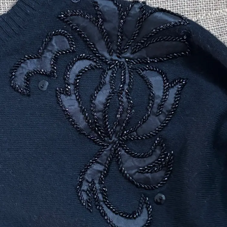 Vintage Oleg Cassini Black Beaded Sweater Size Small Goth Dark Romance Neutral