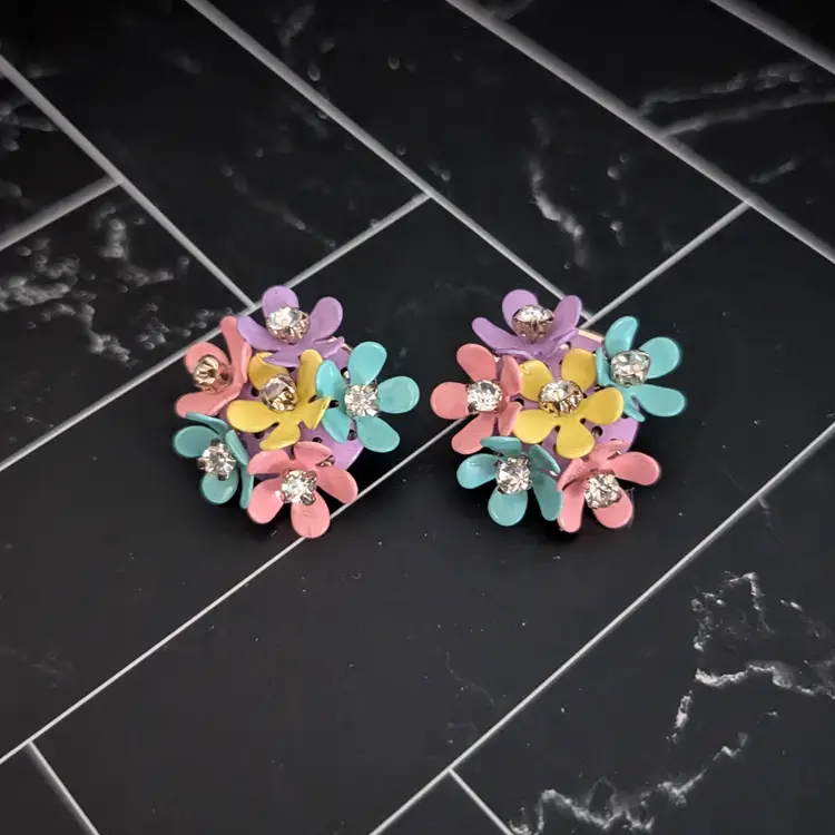 Vintage Stud Earrings Large Retro Multi Colored Flowers Statement