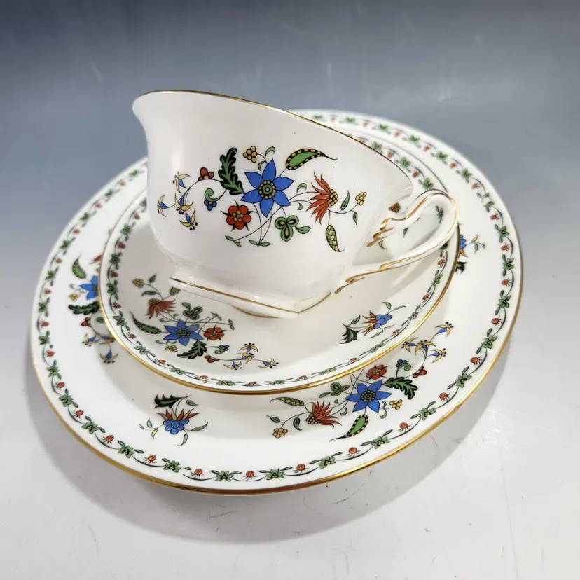 Shelley China Trio - Chelsea Pattern # 11399 Stylized Flowers Lunch Plate, Tea Cup & Saucer Set English Bone China AS FOUND – England