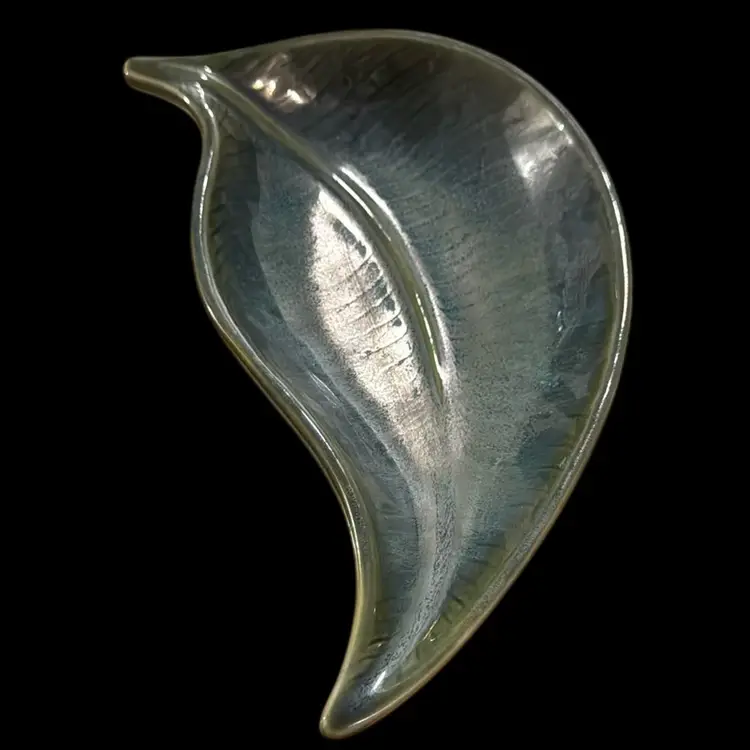 Iridescent Green Leaf Mid Century Trinket Dish