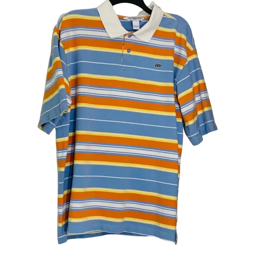 Ecko UNLTD Polo Striped With Light Blue, Tan, Tangerine, And White Stripes. White Collard. Embroidered Logo. Size XL