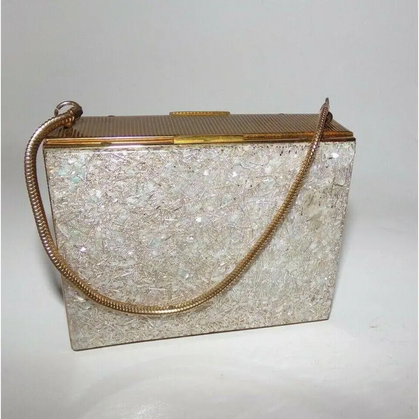 Vintage Confetti Lucite Minaudiere Box Purse Compact, Lipstick, Cigarettes. Scarce