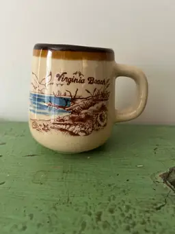 Vintage Virginia Beach Souvenir Coffee Mug. Seagull Ocean Specked Brown Ceramic 1970s