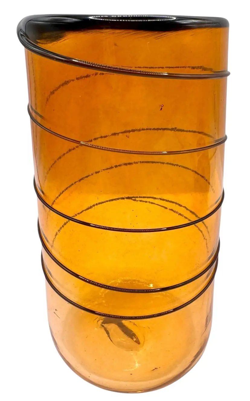 Hand Blown Studio Art Drinking Glass Tumbler Cup Orange Black Swirl Rim 5.75”