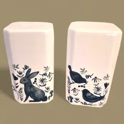 Ceramic Woodland Salt & Pepper Shakers Set Birds Mushrooms Bunny 4” Blue Cottage