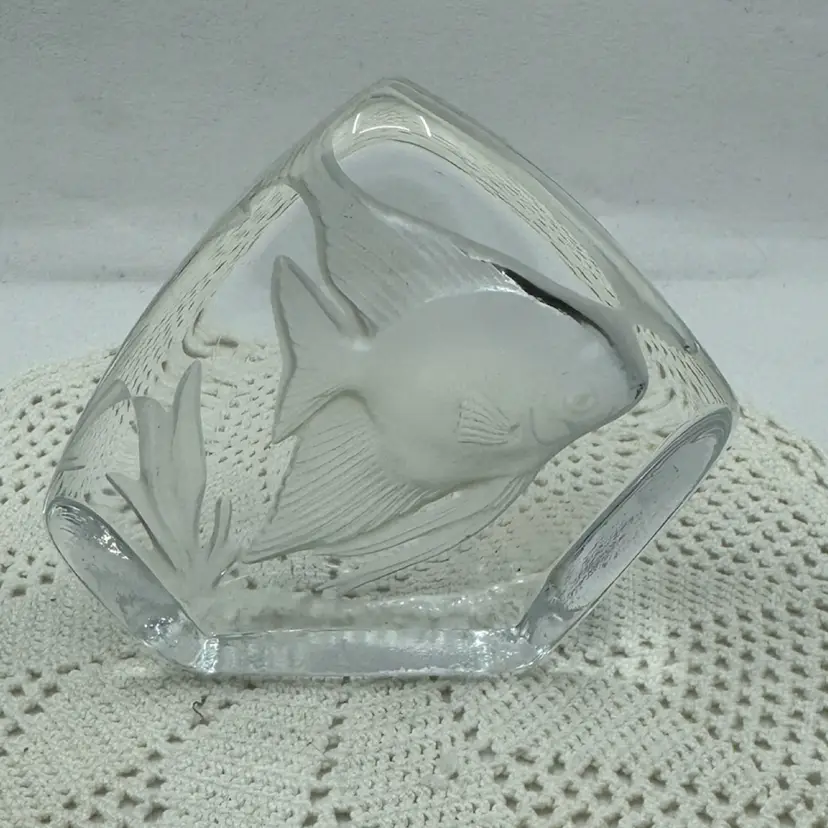 Vintage Bohemian crystal glass sculpture with etched fish and plant motif.
