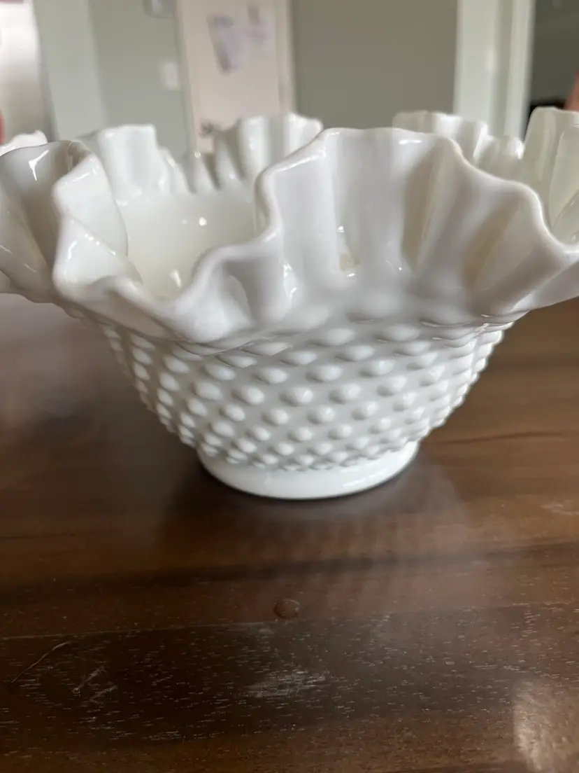 Vintage white milk glass hobnail bowl with ruffled edge. 9” Across And 5” Tall