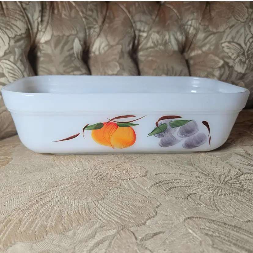 Vintage Fire-King Milk Glass Gay Fad Loaf Pan with Fruit Design