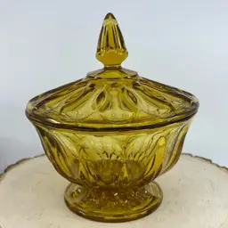 Vintage Anchor Hocking Fairfield MCM Compote Candy Dish w/Lid Amber Honey Wheat 7”