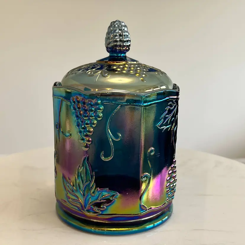 Vtg Indiana Glass Harvest Grape Blue Carnival Canister Iridescent Biscuit Jar 7"