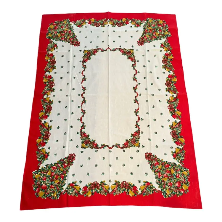 Christmas Tablecloth Large Oblong Red Green White Holly Fruit Tree Elaborate