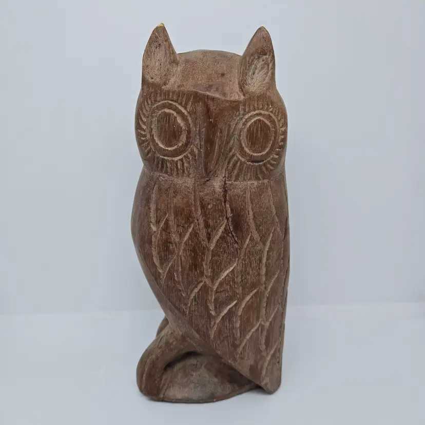 Vintage Hand Carved Wood Owl, 9"