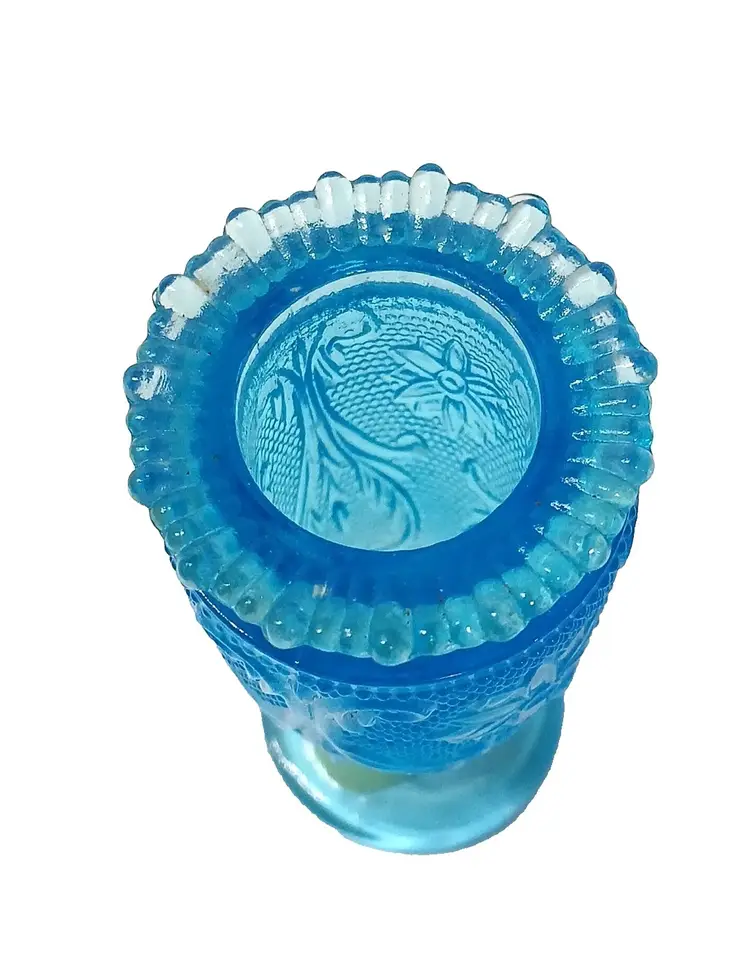 Vintage Indiana Glass Blue Tiara Mini Flower Pedestal Bud Vase Toothpick W/Label