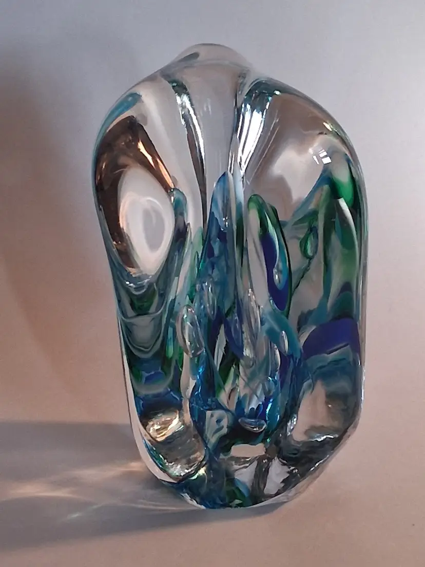 Vintage Large Multi-Color Greens, Blues, White Air-Trap, Beth Miller Paperweight Sculpture c1995