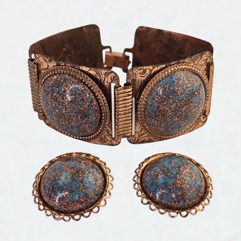 Vintage Copper Jewelry Set Chunky Bracelet and Earrings Set Boho Blue and Copper Fleck Stone with Matching Earrings and Bracelet Set Vintage