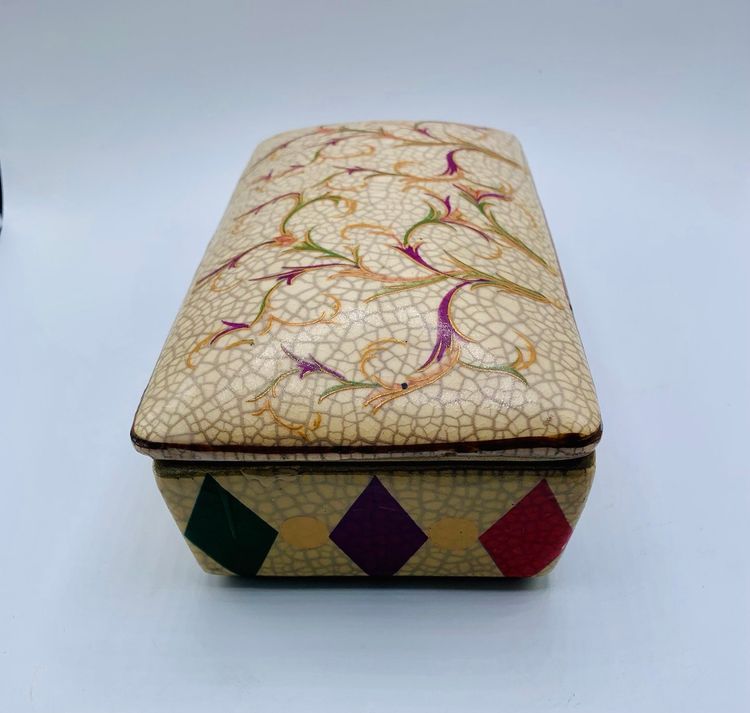 Chinese Ge Ware Style Trinket Box Crackle Glaze Lid Geometric Ceramic Vintage