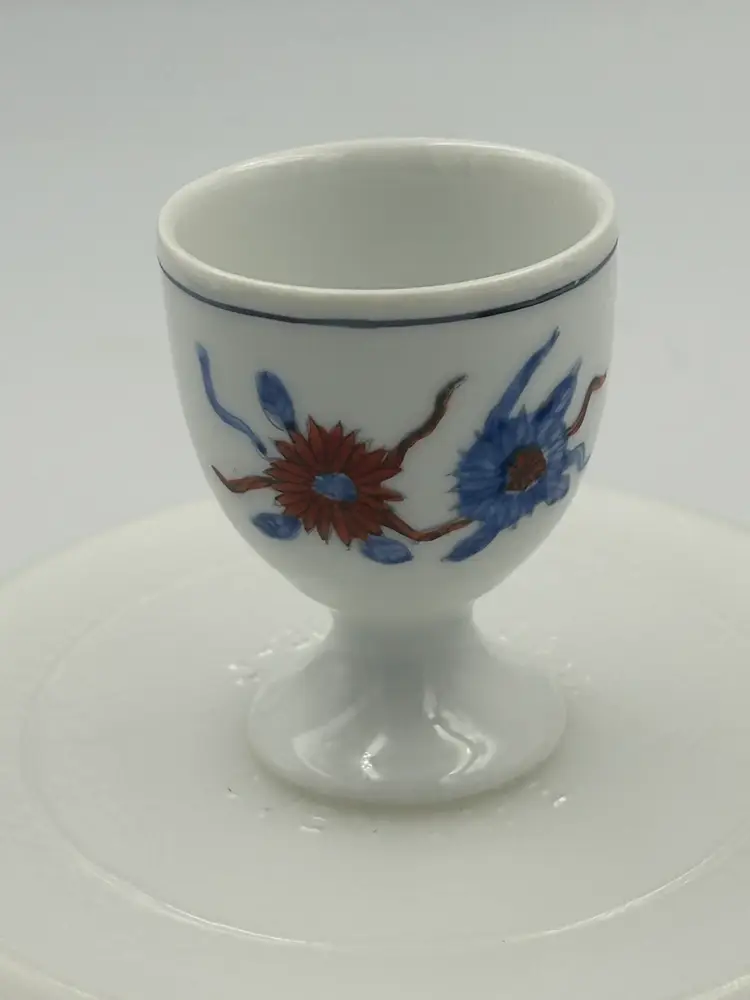 Vintage Porcelain Hand Painted Egg Cup From Hong Kong, Blue & Red Floral Design