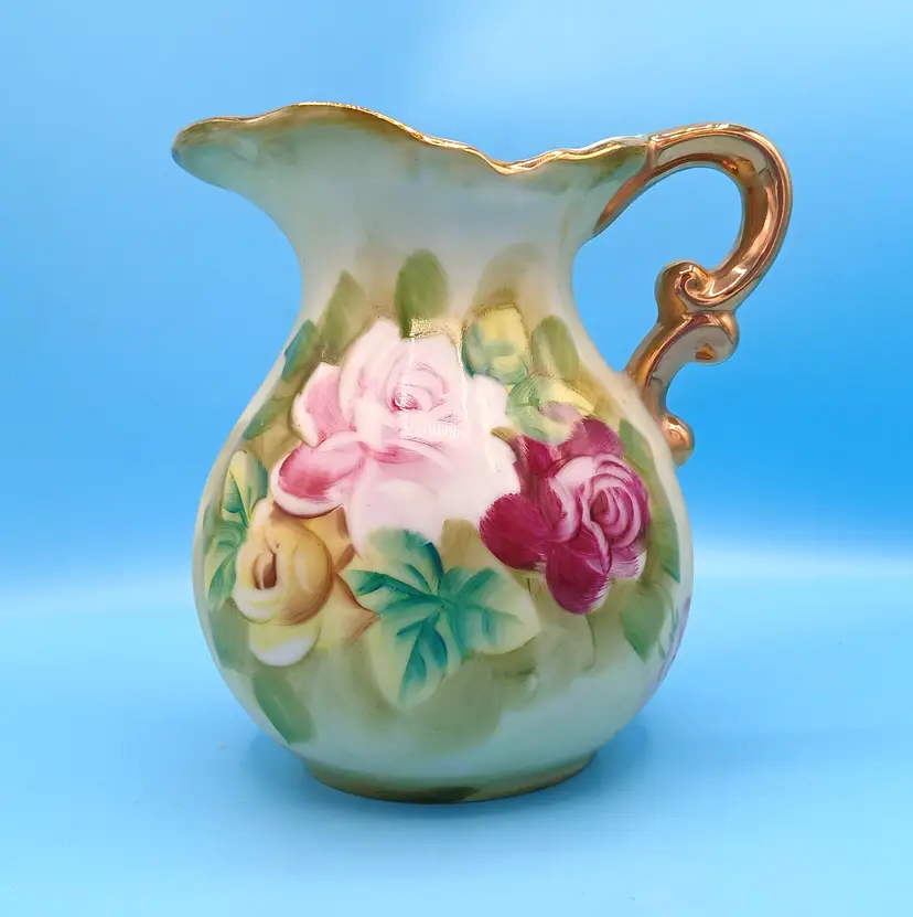 Vintage Ruben's Porcelain Hand-Painted Floral Pitcher, Gold Gilt