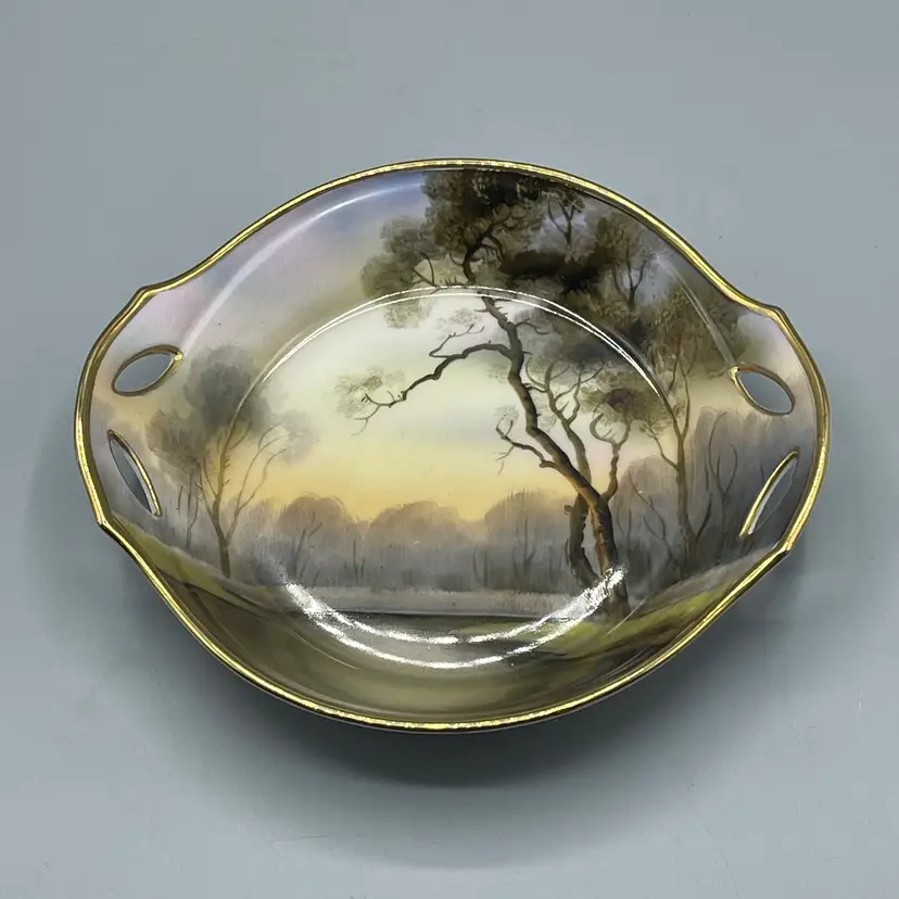 Noritake Japan Hand Painted Bowl Brown Tones Forest Scene 1930s