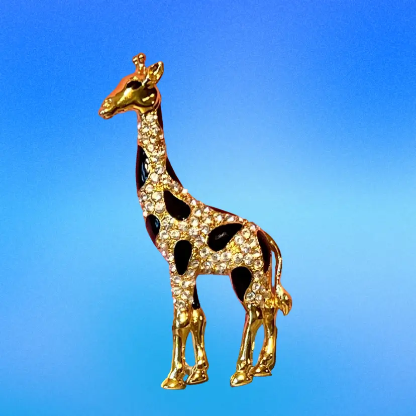 Vintage Cabouchon Enamel Rhinestone Giraffe Goldtone Brooch