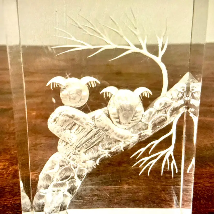 Vintage Koala Bear Mom & Cub Etched Laser Lucite Paperweight, Handcrafted, Made In Taiwan