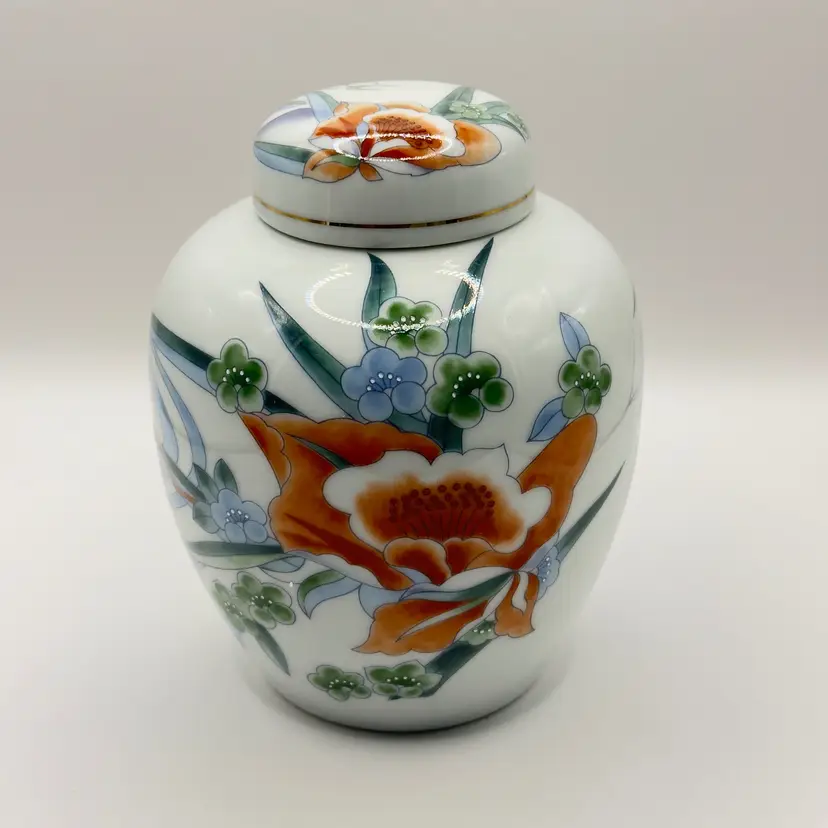 Vintage Porcelain Ginger Jar Lidded, Hand-Painted San Francisco Flora Pattern, Colors Blue Orange Green Floral Flower Design, By Takahashi, Made in Japan