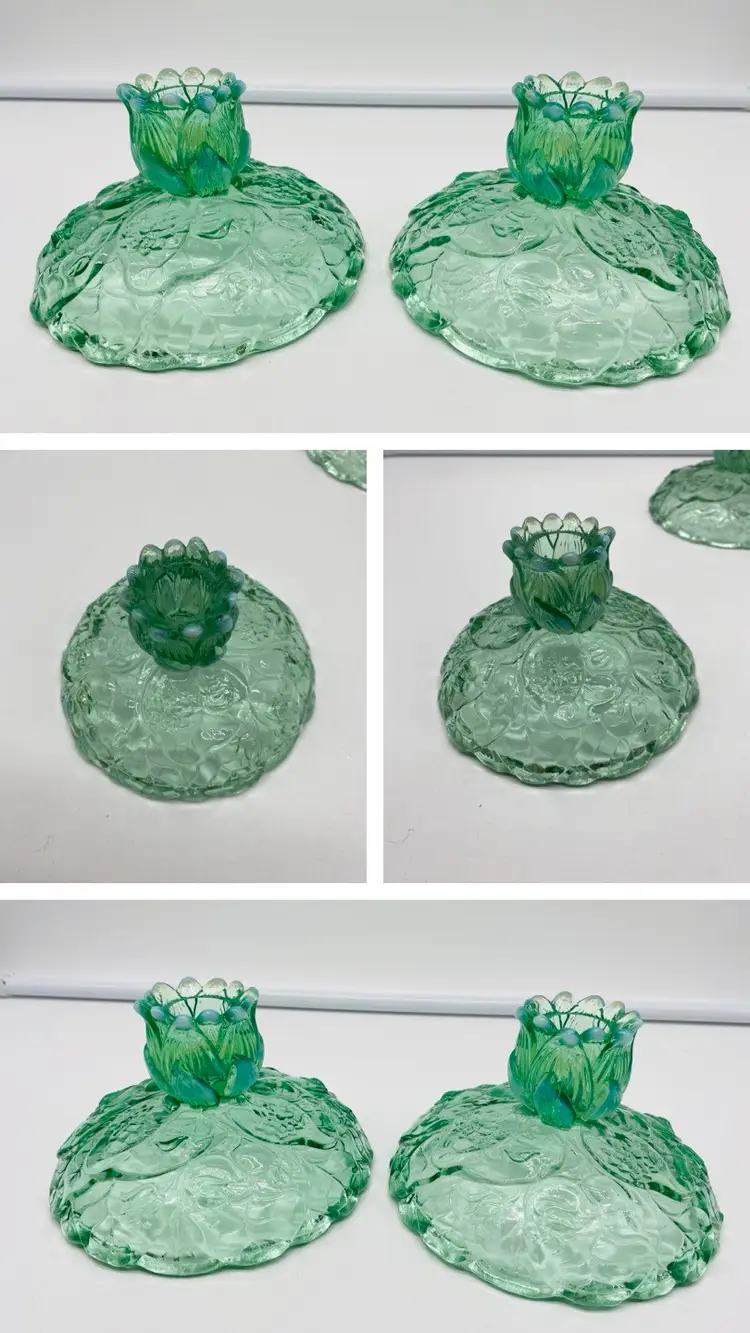 Vintage Fenton Green Transparent Water Lily Candlestick Holders Set Opalescent Leaves