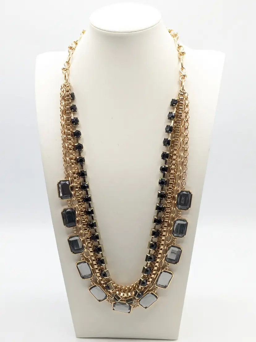 Chunky Gold Tone Multi-Strand Necklace with Black and Gray Glass Accents