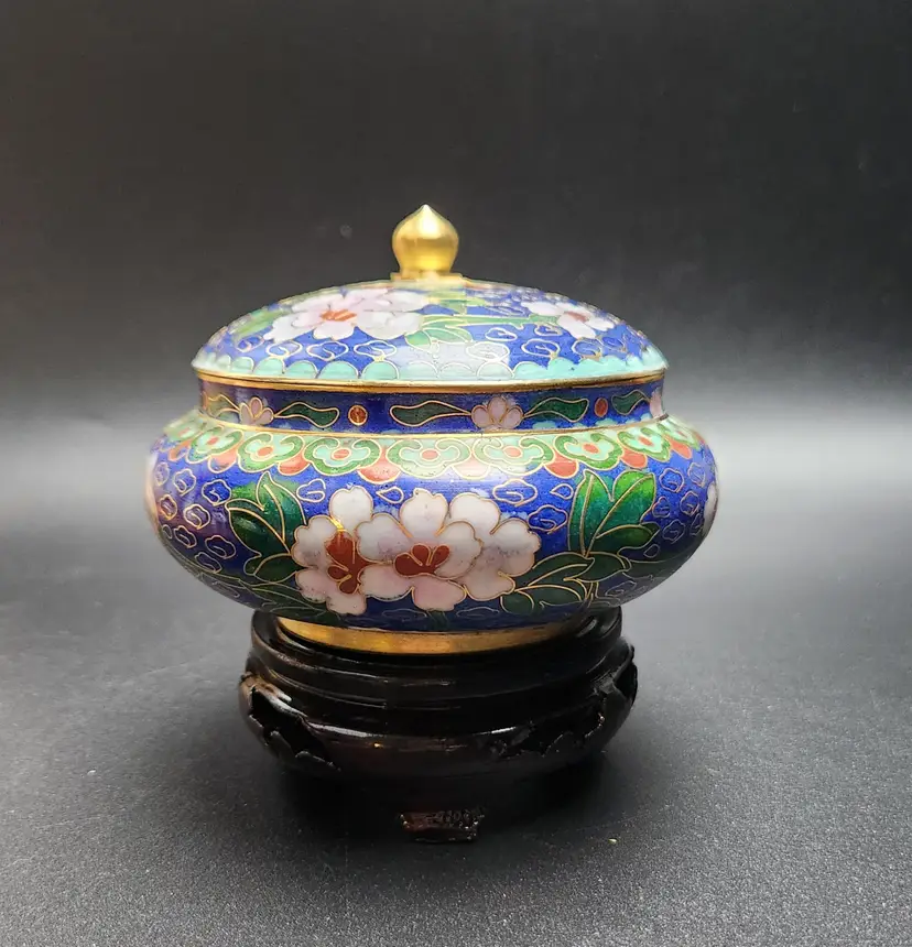 #1 Floral Cloisonne Trinket Dish with Lid and Stand