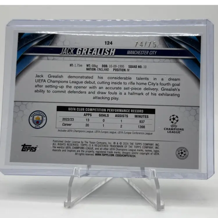 Jack Grealish 2023-2024 Topps UEFA Champions League Icy Blue Foil 74/75 Manchester City