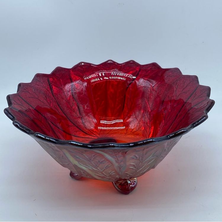 #0303 Vintage Imperial Glass ruby red carnival glass acanthus leaf bowl 8.5” x 4”