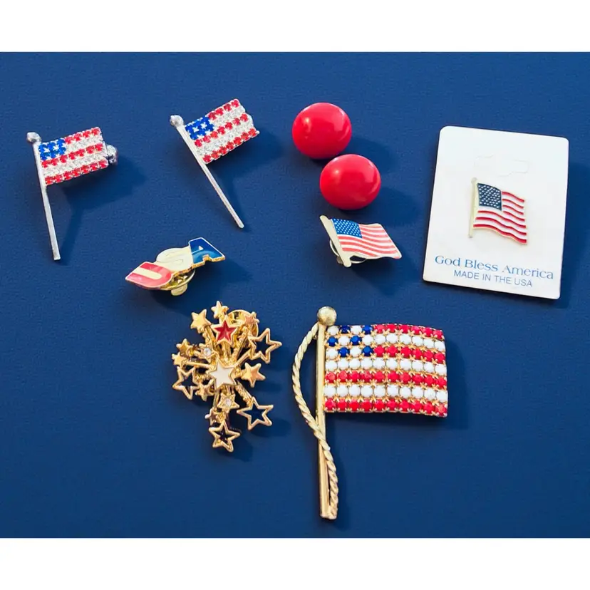 Lot Of 8 Patriotic Jewelry - 4 Pins ( 1 Signed Avon) - 3 Brooches - 1 Pierced Earrings -