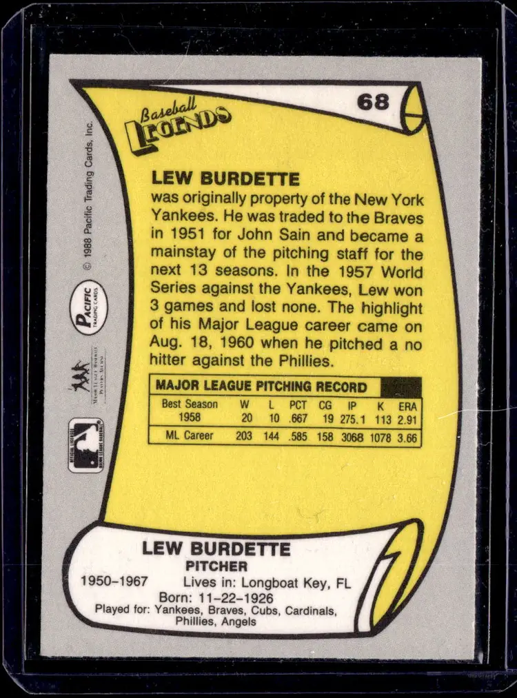 1988 Pacific Legends I #68 Lew Burdette