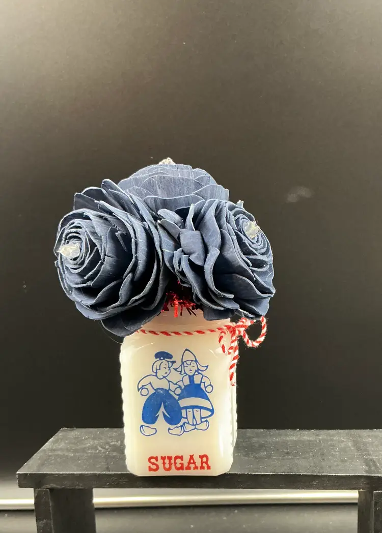 Hazel Atlas milk glass sugar shaker Dutch boy and girl vignette