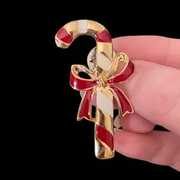 Signed Thailand Candy Cane Red White Brooch Gold Tone