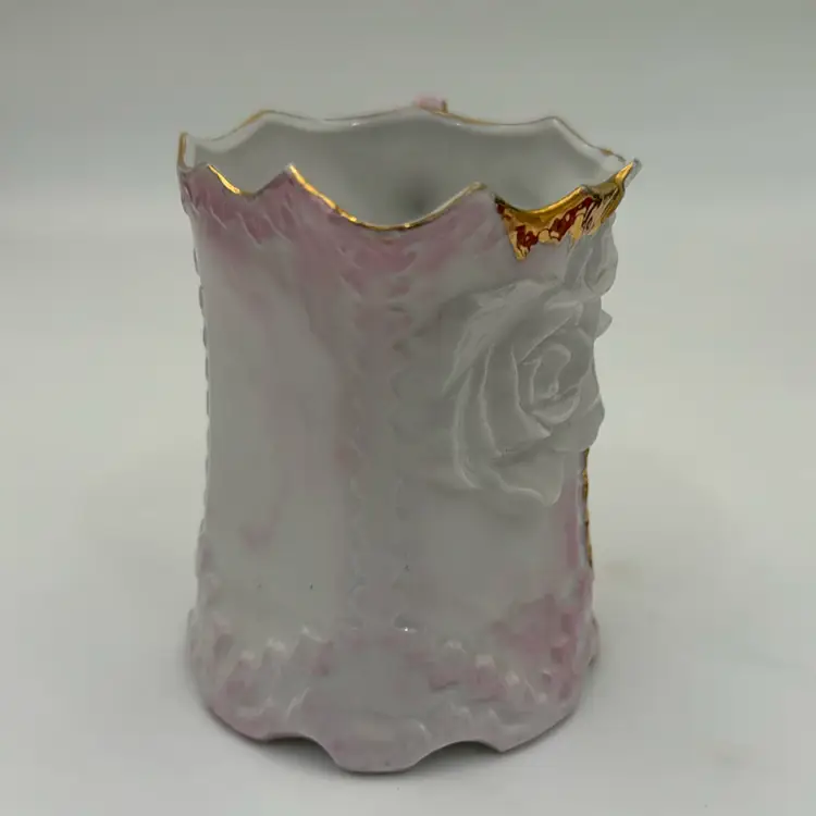 Antique Demitasse Pink And White&Gold Porcelain Creamer Cup Embossed Rim Beautiful Pice
