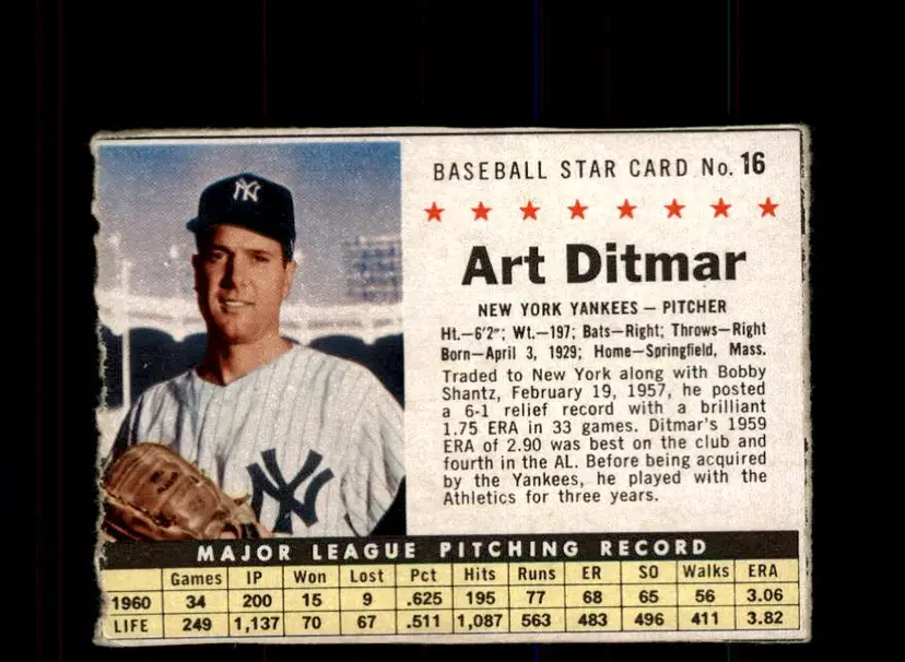 1961 Post Cereal (F278-33) #16 Art Ditmar - (pk3) - New York Yankees