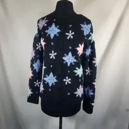 Talbots S Cardigan Sweater Dimensional Pastel Snowflakes On Black Embroidery