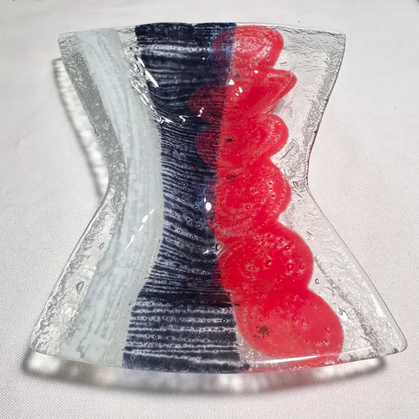 Contemporary Style Artistan Fused Glass Trinket Tray Sculptural Red White Blue