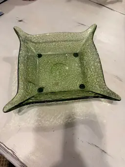 Vintage Handmade Spanish Recycled Glass Bowl, 10” Square; Green; Christmas dish