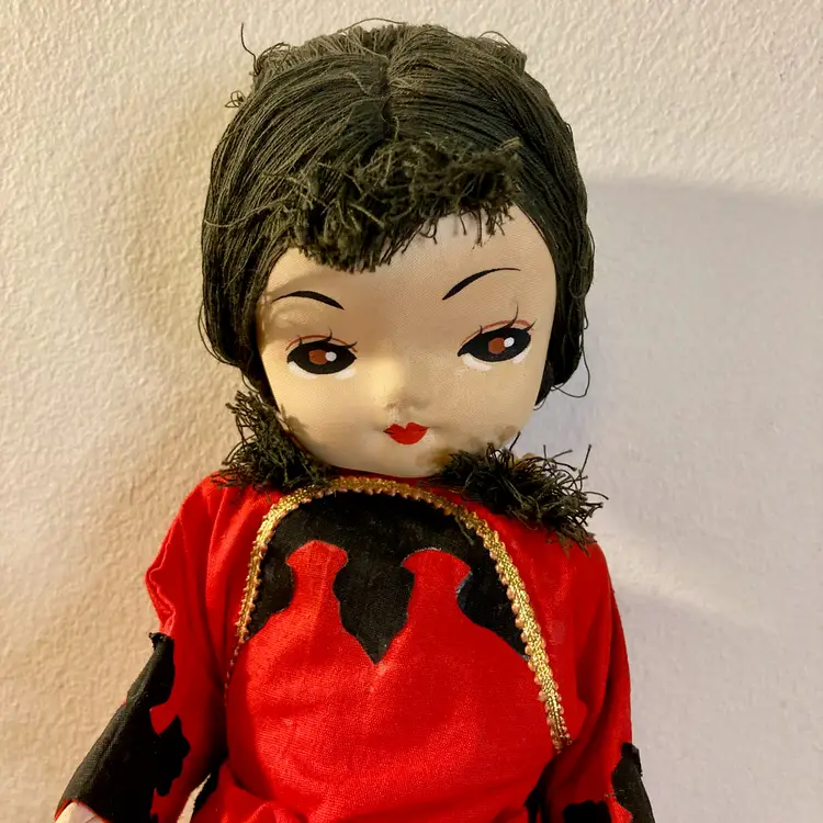 Vintage 70s East Asian Pose Doll in Traditional Costume with Cat/Dragon Slippers
