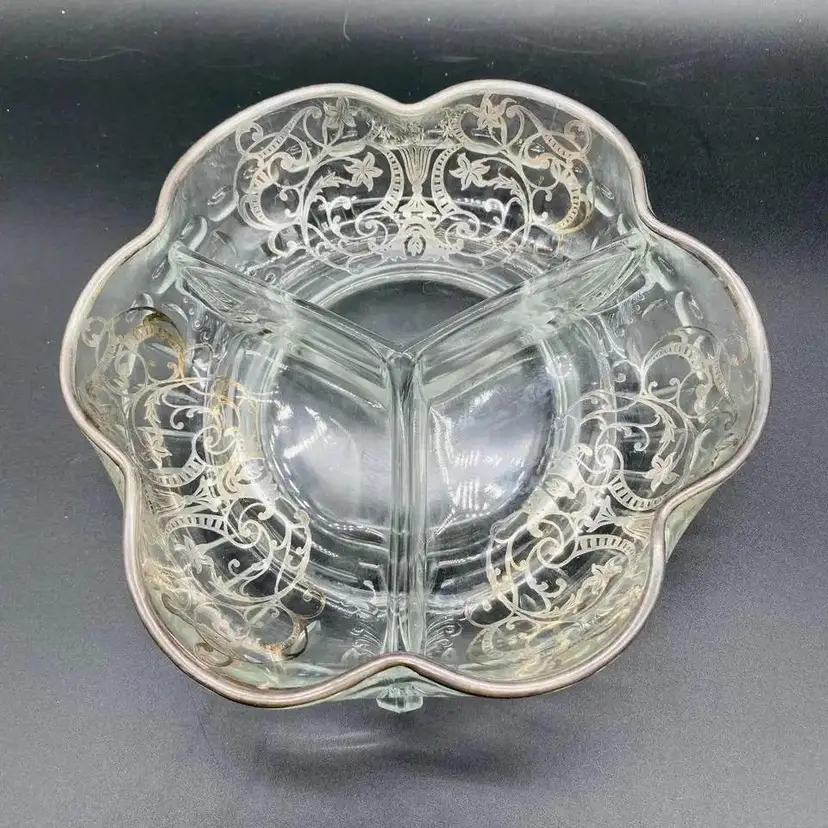 #0122  Duncan Glass Scalloped divided bowl Silver Overlay