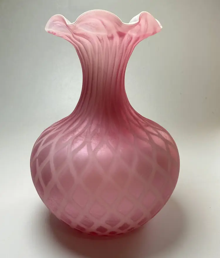 Antique Victorian Mother-of-Pearl Satin Glass Vase Quilted Diamond Pattern Cased