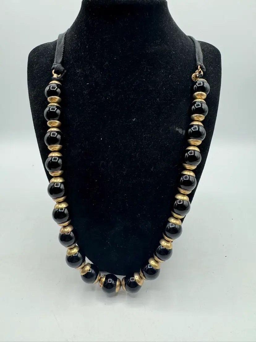 Vintage J Crew Black Glass And Gold Tone Ribbon Necklace