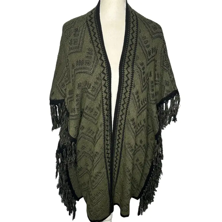 Bohemian Forest Green Fringe Aztec Print Cardigan Sweater Medium - XL