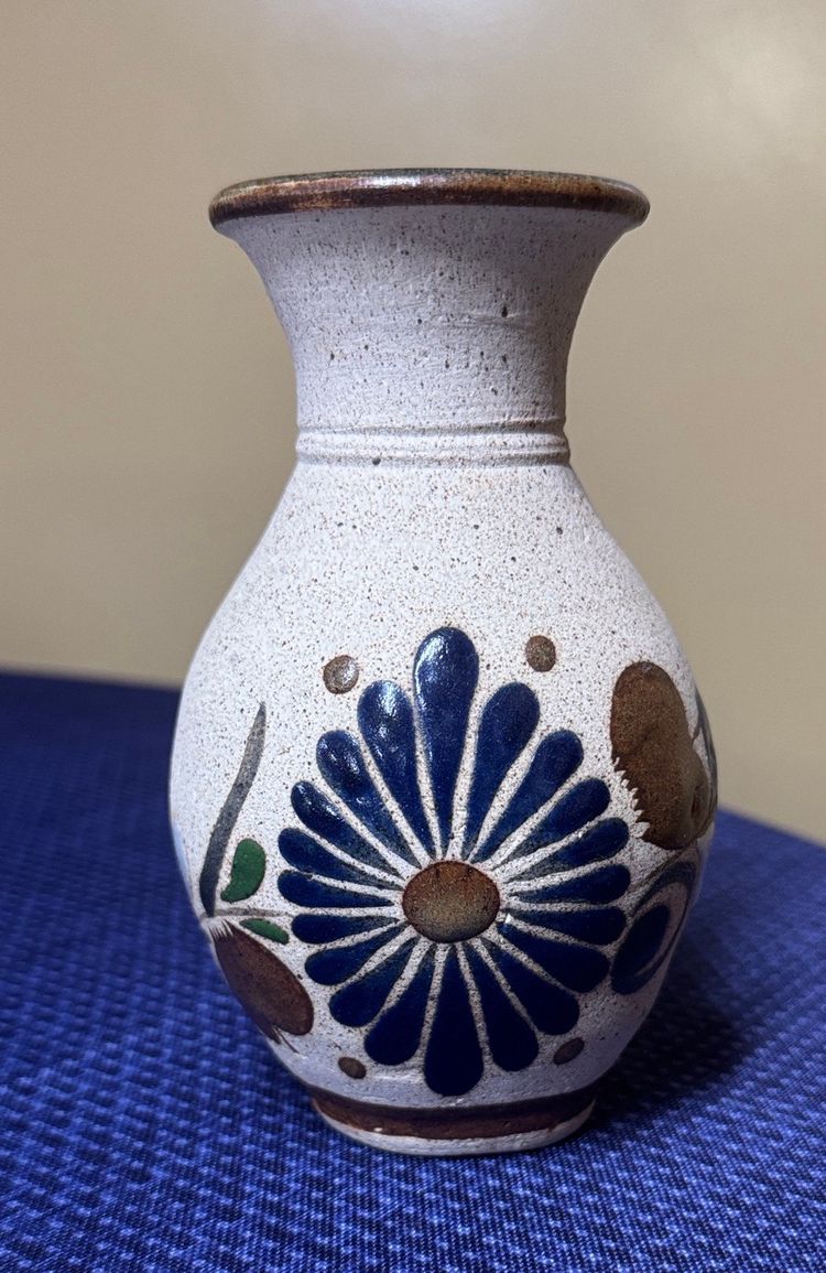 Tonala Mexico Folk Art Pottery Bud Vase Hand Painted Blue Flower 5.75" tall