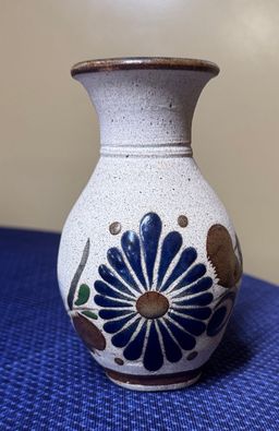 Tonala Mexico Folk Art Pottery Bud Vase Hand Painted Blue Flower 5.75" tall