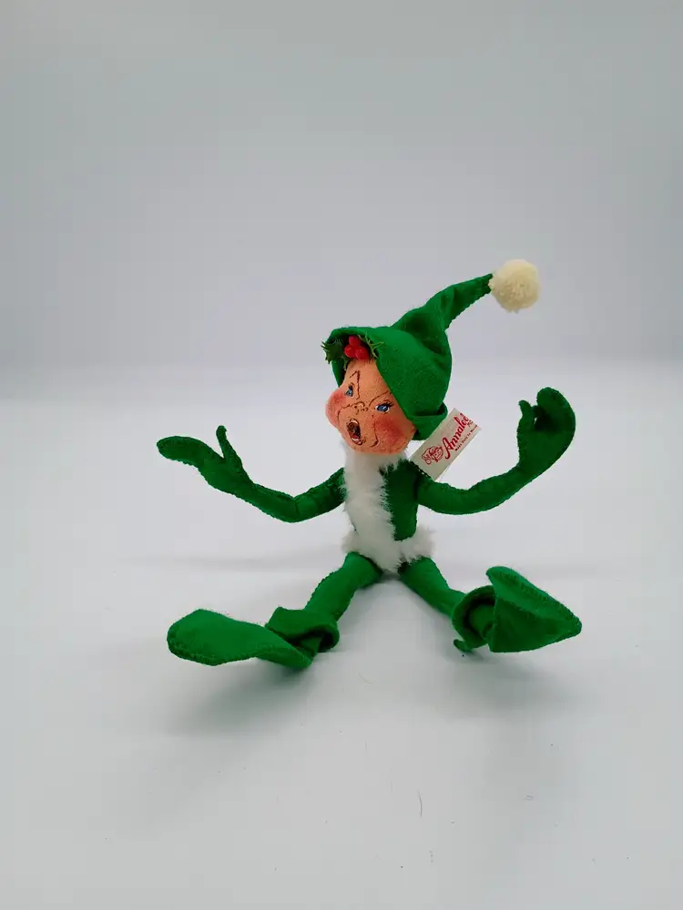 Vintage Annalee Christmas 1988 Green Elf with Fur Trim and Holly