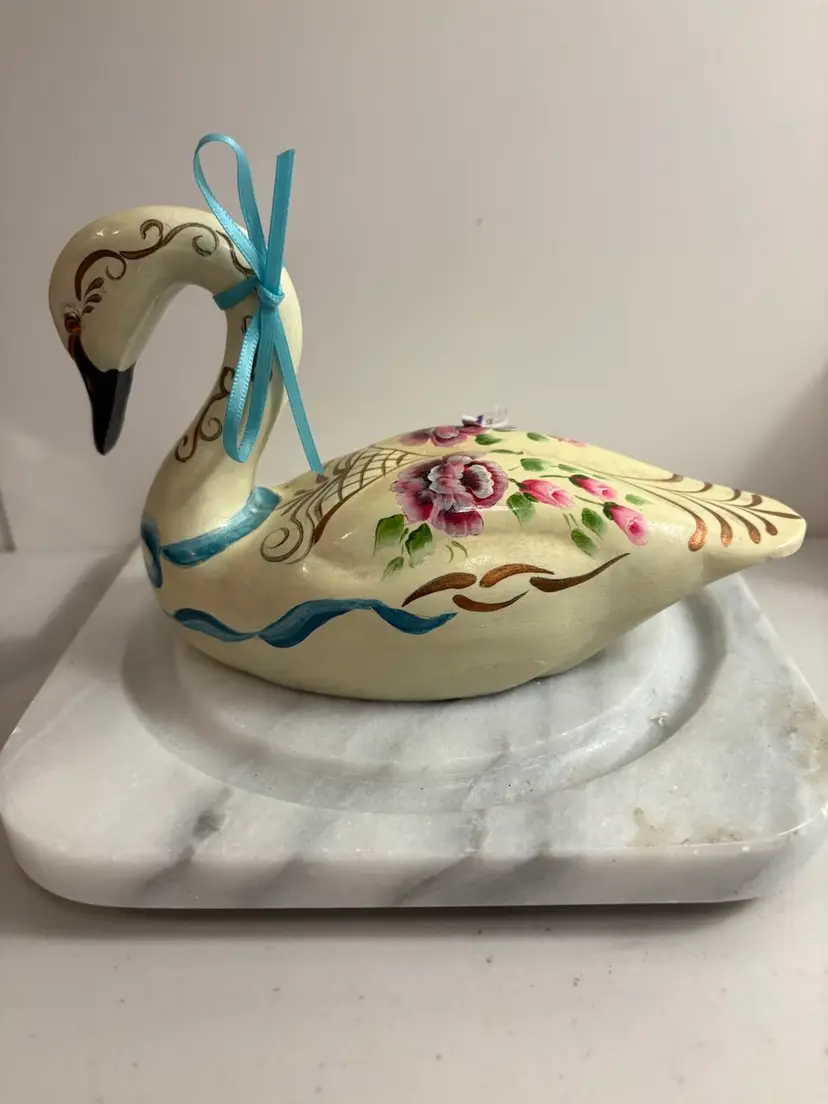 Ivory And Floral Painted Ceramic Swan